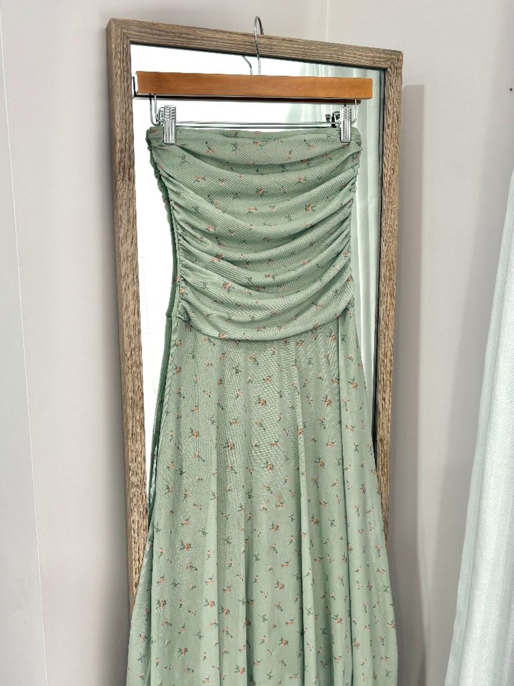 Sage Green Floral Strapless Handkerchief Dress